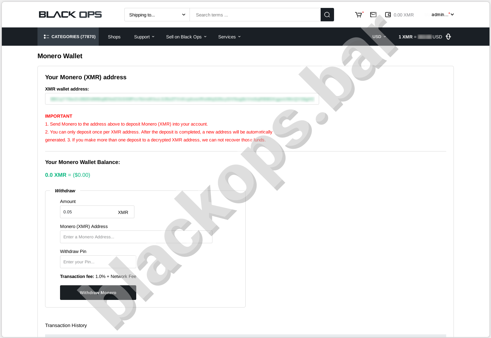Blackops integrated Monero wallet showing deposit address and balance decryption
